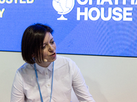 Irina Stavchuk, Deputy Minister of Environment of Ukraine speaks at a discussion panel in Ukrainian Pavilion at the COP26 UN Climate Change...
