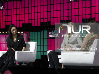 Frances Haugen,Facebook, (Middle), Libby Liu (R) at opening night of Web Summit 2021 in Lisbon, Portugal on November 1, 2021.

 (