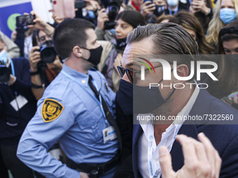 Actor and environmentalist Leonardo DiCaprio arrives on day three of the COP 26 United Nations Climate Change Conference on November 02, 202...
