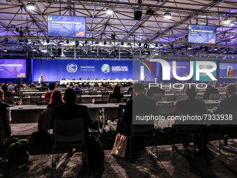 Guests attend Energy Transition Council  session during the  during the fifth day of the COP26 UN Climate Change Conference, held by UNFCCC...