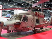 Military helicopter are shown at the FEINDEF International Defense and Security Fair, at IFEMA, on November 4, 2021, in Madrid, Spain. The s...