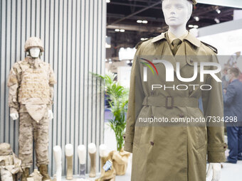 A military uniform is displayed at the FEINDEF International Defense and Security Fair, at IFEMA, on November 4, 2021, in Madrid, Spain. The...