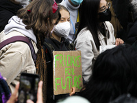 Friday for Future Climate activist Greta Thunberg takes part in a climate protest as they march though the city centre on November 05, 2021...