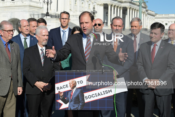 Representative Andy Barr(R-KY) alongside House Republican members speaks during a press conference in response to OSHAs release of Bidens va...