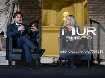 Daniele Mazzei (L) and Valeria Sandei (R) during the News The event organized by the ANSA news agency  on November 08, 2021 at the Terme di...