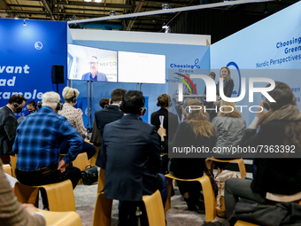 Participants attend a session in Nordic Pavilion during the tenth day of the COP26 UN Climate Change Conference, held by UNFCCC inside the C...