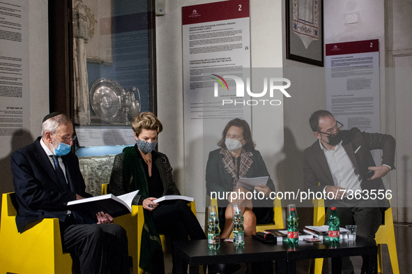 Riccardo Di Segni,Alessandra Di Castro,Ruth Dureghello,Francesco Leone during the presentation of the exhibition 