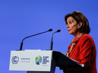 Nancy Pelosi, speaker of the United States House of Representatives speaks during a press conference during the tenth day of the COP26 UN Cl...