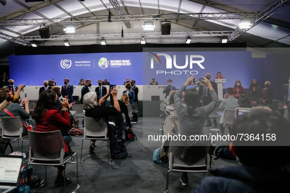 Nancy Pelosi, speaker of the United States House of Representatives holds a press conference during the tenth day of the COP26 UN Climate Ch...