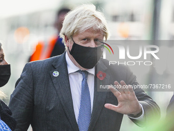 British Prime Minister Boris Johnson arrives at Glasgow Central Station to attend COP26 on day eleven of the COP 26 United Nations Climate C...