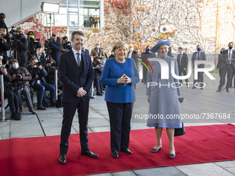 German Chancellor Angela Merkel welcomes Queen Margrethe II of Denmark and Crown Prince Frederik of Denmark at the Chancellery in Berlin, Ge...