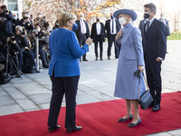 German Chancellor Angela Merkel welcomes Queen Margrethe II of Denmark and Crown Prince Frederik of Denmark at the Chancellery in Berlin, Ge...