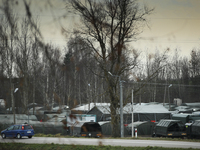 A large military camp and military vehicles are seen near Szudzialoowo, Poland on 13 November, 2021 in Warsaw, Poland. This week Belarus sen...