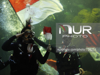 Some divers waving the flag in commemoration of the anniversary of Indonesian independence in a giant aquarium, located in Jakarta, Monday,...