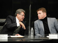 The multi-time world boxing champion Saúl “Canelo” Álvarez, talks with  The president of the Political Coordination Board of the Mexican Sen...