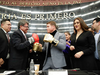 The multi-time world boxing champion Saúl “Canelo” Álvarez and his trainer Eddy Reynoso, accompanied by  The president of the Political Coor...