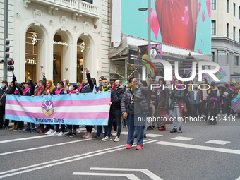 Protesters during a demonstration against attacks against the LGTBI collective by fascist groups, on November 20, 2021 in Madrid, Spain. The...