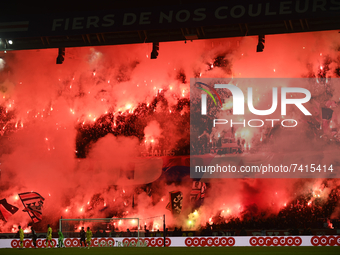 PSG supporters during the Ligue 1 Uber Eats match between Paris Saint Germain and FC Nantes at Parc des Princes on November 20, 2021 in Pari...