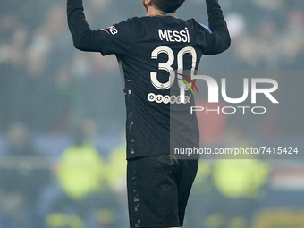 Leo Messi of PSG celebrates after scoring his sides first goal during the Ligue 1 Uber Eats match between Paris Saint Germain and FC Nantes...
