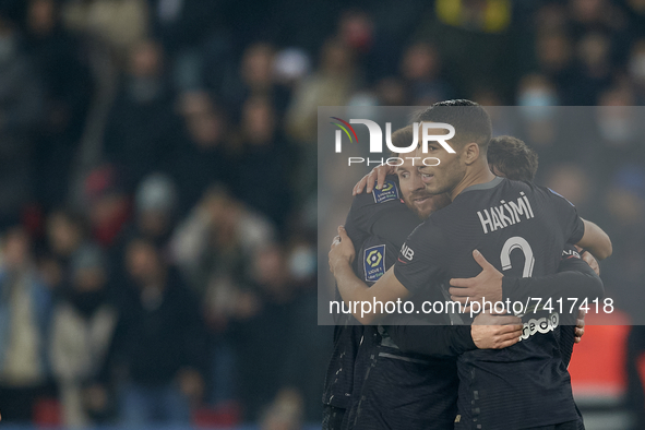 Leo Messi of PSG celebrates with his teammmates after scoring his sides first goal during the Ligue 1 Uber Eats match between Paris Saint Ge...