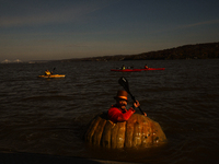 Actor and television host Justin Fornal hollowed out a 1,500 pound pumpkin and used it to row across the Hudson River in a journey taking ma...