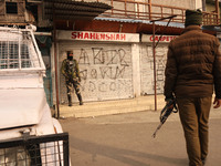 Indian forces remain alert during shutdown against the killing of two civilians in a military operation in Srinagar, Indian Administered Kas...