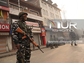 Indian forces remain alert during shutdown against the killing of two civilians in a military operation in Srinagar, Indian Administered Kas...