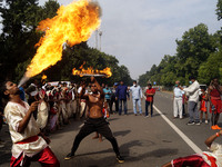 Youths from the traditional warriors' family are performing martial-art on the occasion of eminent freedom fighter and the first chief minis...