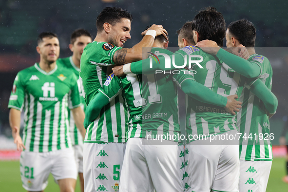 Players of Real Betis celebrate a goal during the UEFA Europa League Group G stage match between Real Betis and Ferencvrosi TC at Benito Vil...