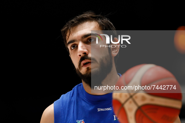 Amedeo Tessitori of Italy looks on during the warm-up ahead of the FIBA Basketball World Cup 2023 Qualifying Tournament match between Russia...