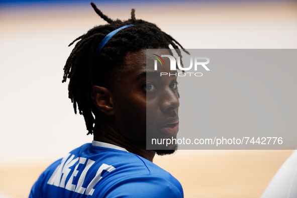 Nicola Akele of Italy looks on during the warm-up ahead of the FIBA Basketball World Cup 2023 Qualifying Tournament match between Russia and...