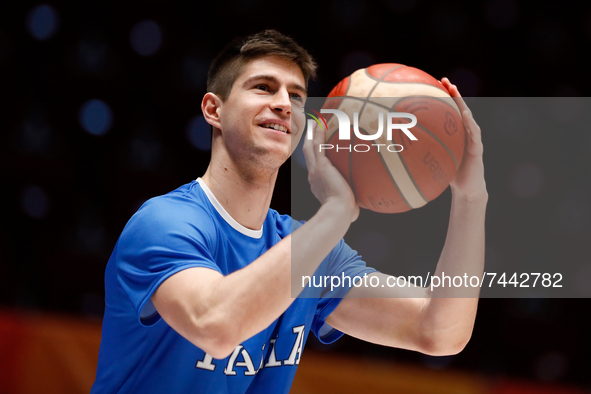 Leonardo Candi of Italy smiles during the warm-up ahead of the FIBA Basketball World Cup 2023 Qualifying Tournament match between Russia and...