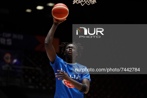 Mouhamet Diouf of Italy in action during the warm-up ahead of the FIBA Basketball World Cup 2023 Qualifying Tournament match between Russia...