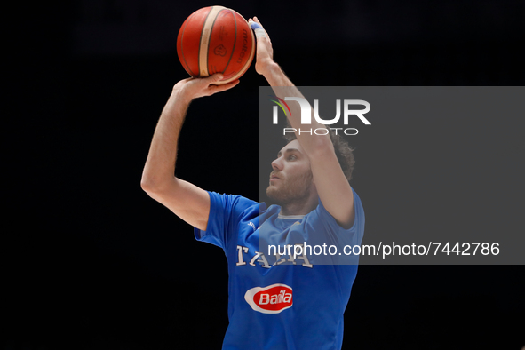 Alessandro Pajola of Italy shoots the ball during the warm-up ahead of the FIBA Basketball World Cup 2023 Qualifying Tournament match betwee...