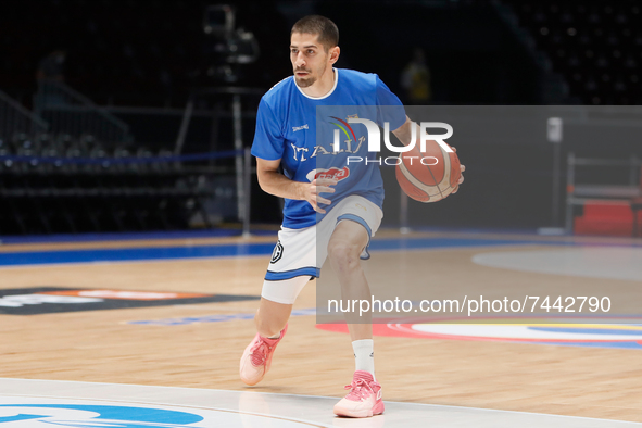 Diego Flaccadori of Italy in action during the warm-up ahead of the FIBA Basketball World Cup 2023 Qualifying Tournament match between Russi...