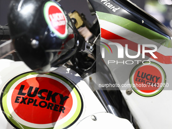 Lucky Explorer logo is seen on the motorcycle during the EICMA motorcycle show in Milan, Italy on November 25, 2021. (