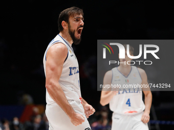 Amedeo Tessitori (C) of Italy celebrates during the FIBA Basketball World Cup 2023 Qualifying Tournament match between Russia and Italy on N...