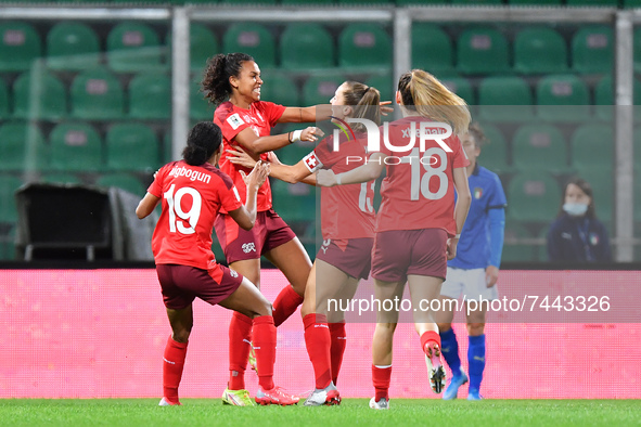Switzerland's midfielder Coumba Sow celebrates with teammates after scoring the 0-1 goal  during the FIFA World Cup Women's FIFA World C...