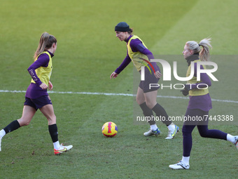Jill Scott of England (centre) warms up during the England Women's training session at the Stadium Of Light, Sunderland on Friday 26th Novem...