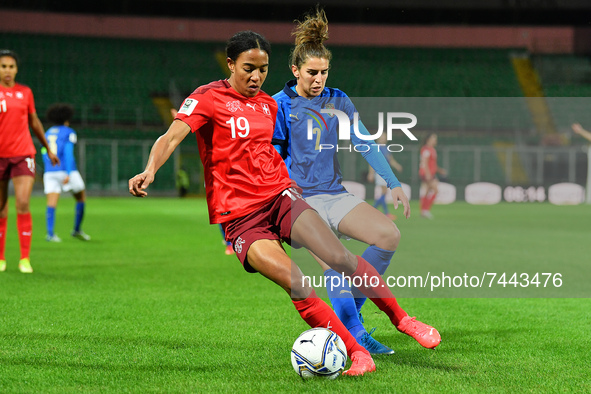 Switzerland's defender Eseosa Aigbogun compete for the ball with Italy's defender Valentina Bergamaschi  during the FIFA World Cup Women'...