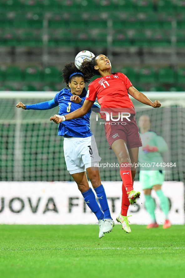Italy's defender Sara Gama jump for the ball with Switzerland's midfielder Coumba Sow during the FIFA World Cup Women's FIFA World Cup 2...