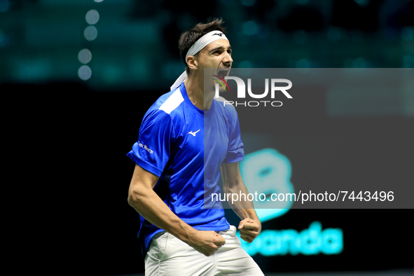 Lorenzo Sonego (Italy) celebrates the victory of the match against Reilly Opelka (USA) during the Tennis Internationals Davis Cup Finals 202...