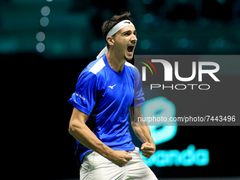 Lorenzo Sonego (Italy) celebrates the victory of the match against Reilly Opelka (USA) during the Tennis Internationals Davis Cup Finals 202...