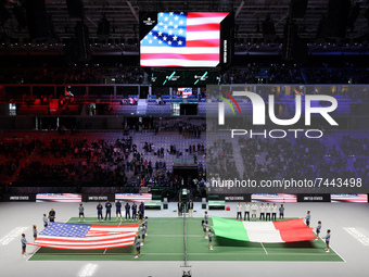 Teams USA and Italy during the national anthems during the Tennis Internationals Davis Cup Finals 2021 - Stage Group E - Italy vs USA on Nov...