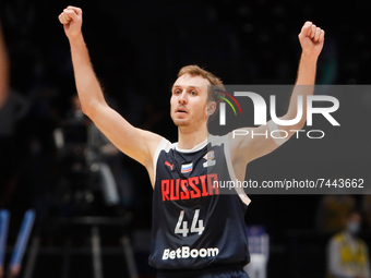 Artem Komolov (C) of Russia celebrates during the FIBA Basketball World Cup 2023 Qualifying Tournament match between Russia and Italy on Nov...