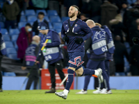 Sergio Ramos of PSG who didn't play the match warms up following the UEFA Champions League, Group A football match between Manchester C...