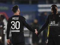 Leo Messi and Neymar of PSG greets each other during the Ligue 1 Uber Eats match between Paris Saint Germain and FC Nantes at Parc des Princ...