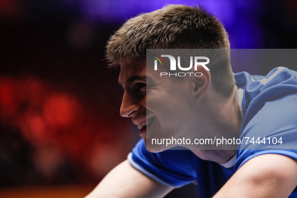 Leonardo Candi of Italy smiles during the warm-up ahead of the FIBA Basketball World Cup 2023 Qualifying Tournament match between Russia and...