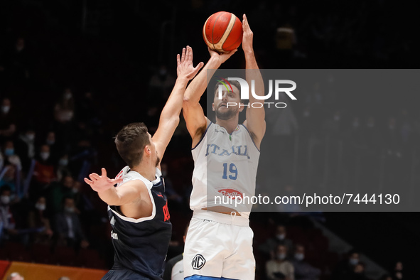 Raphael Gaspardo (C) of Italy shoots the ball during the FIBA Basketball World Cup 2023 Qualifying Tournament match between Russia and Italy...