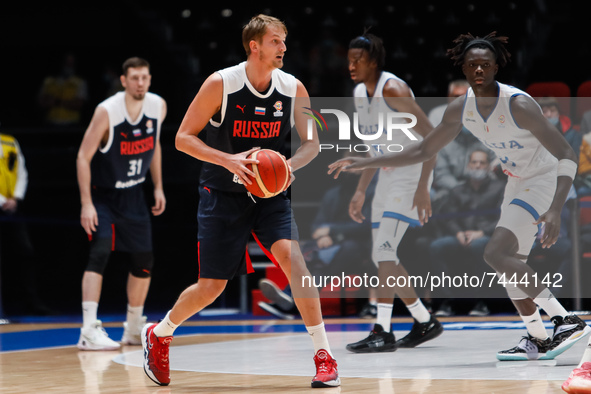 Vladimir Ivlev (C) of Russia in action during the FIBA Basketball World Cup 2023 Qualifying Tournament match between Russia and Italy on Nov...